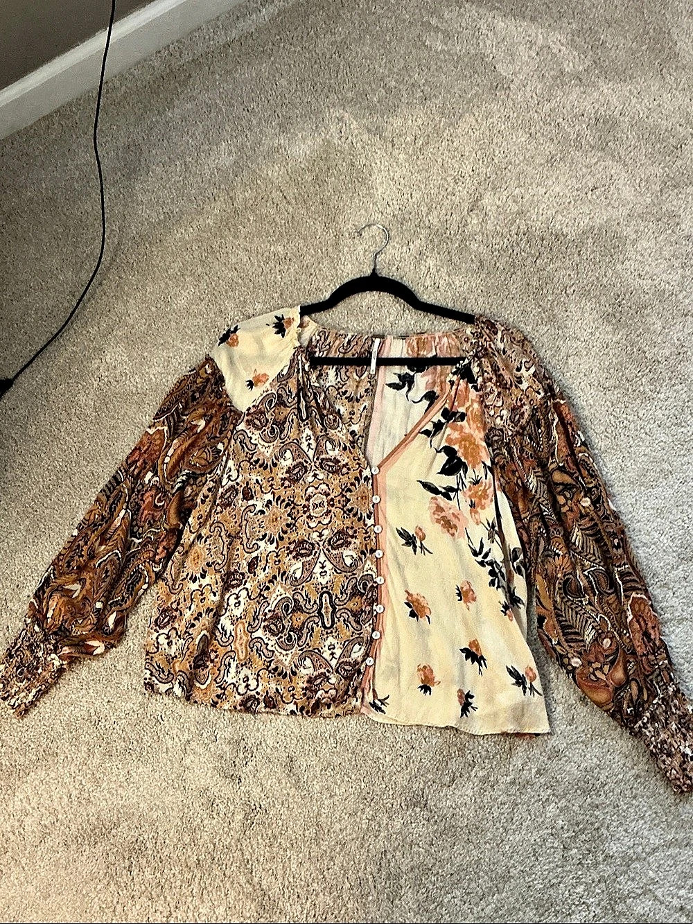 Free People Paisley Floral Blouse Brown & Cream XS
